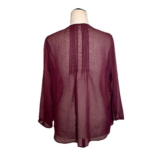 Burgundy Peasant Blouse‎ Swiss Dot Semi Sheer Keyhole Babydoll Top Women Small - Picture 5 of 9
